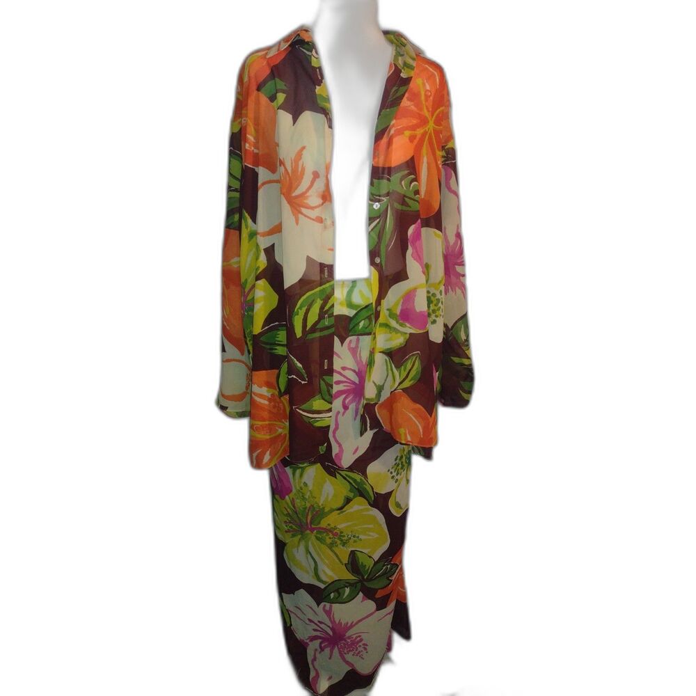 Vintage Kenar Studio Floral Swim 2 Piece Cover-Up Set Beach Vacation Summer Boho